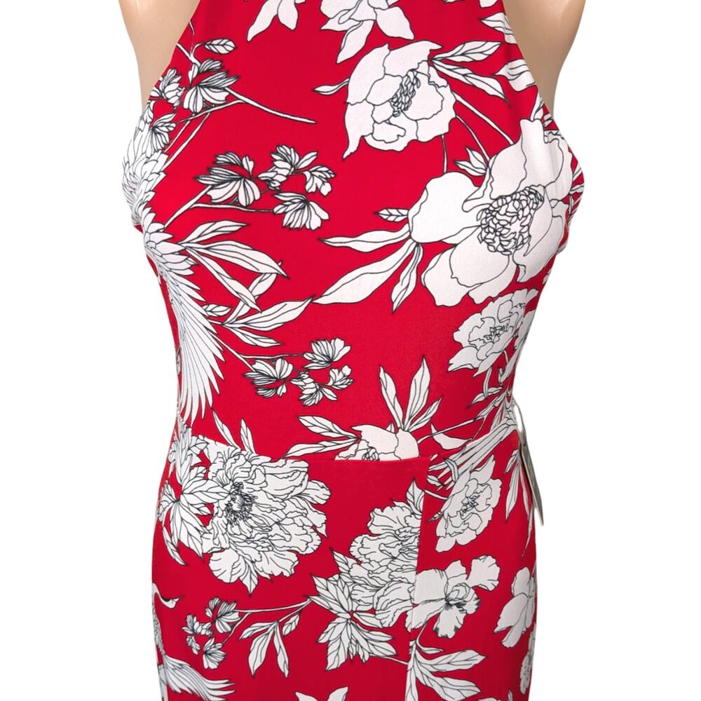 NWT Express Halter Maxi Dress XS Red White Crane Floral Side Slit Tie Back - Picture 6 of 12